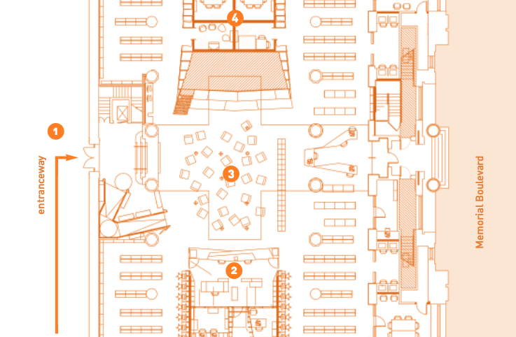 floorplan diagram of the RISD Fleet Library, showing the stacks moved around the periphery of the building