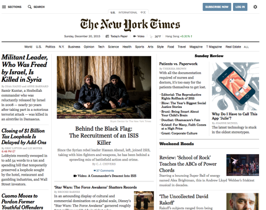 New York Times website, above the fold