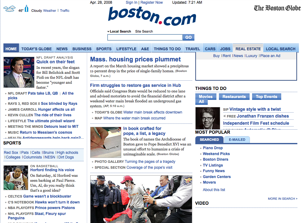 boston dot com homepage in 2008