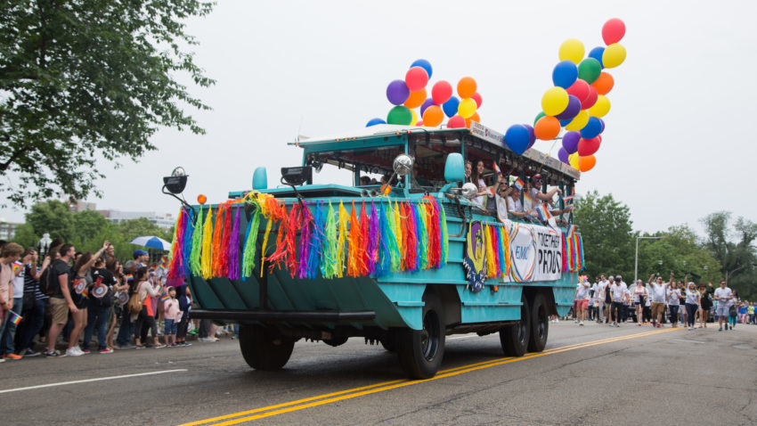 a duckboat dressed in rainbow regalia for the 2016 Boston Pride Parade