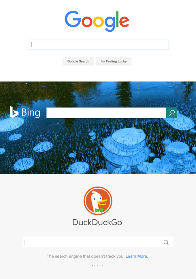 screenshots from the starting pages of Google, Bing, and DuckDuckGo, showing how each provider uses a simple standalone box for searches